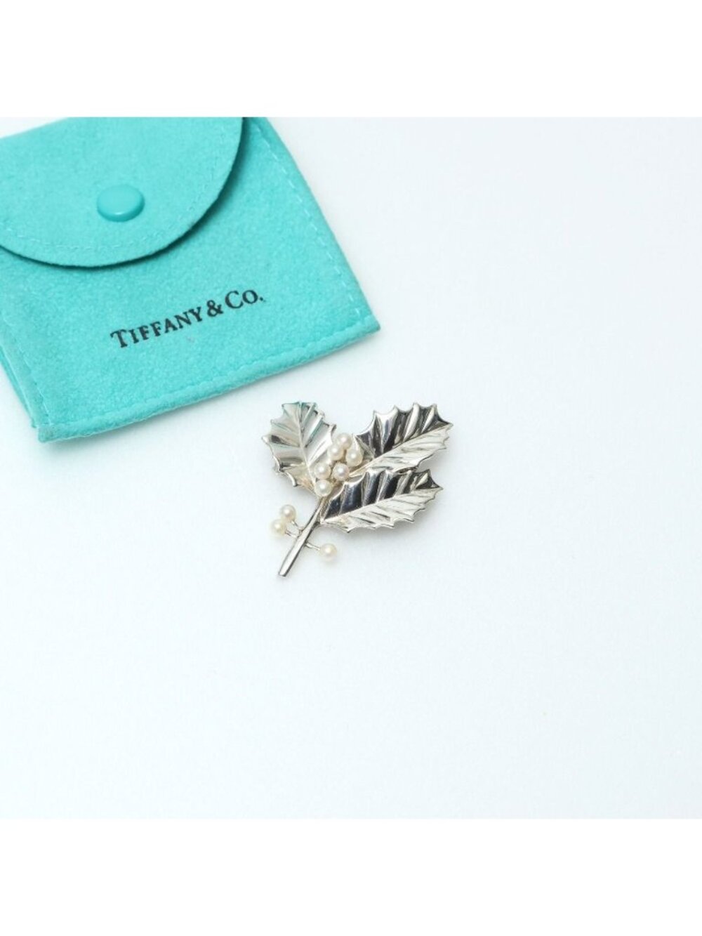 Tiffany & Co Vintage Brooch Holly Pearl Motif 925 Sterling Silver